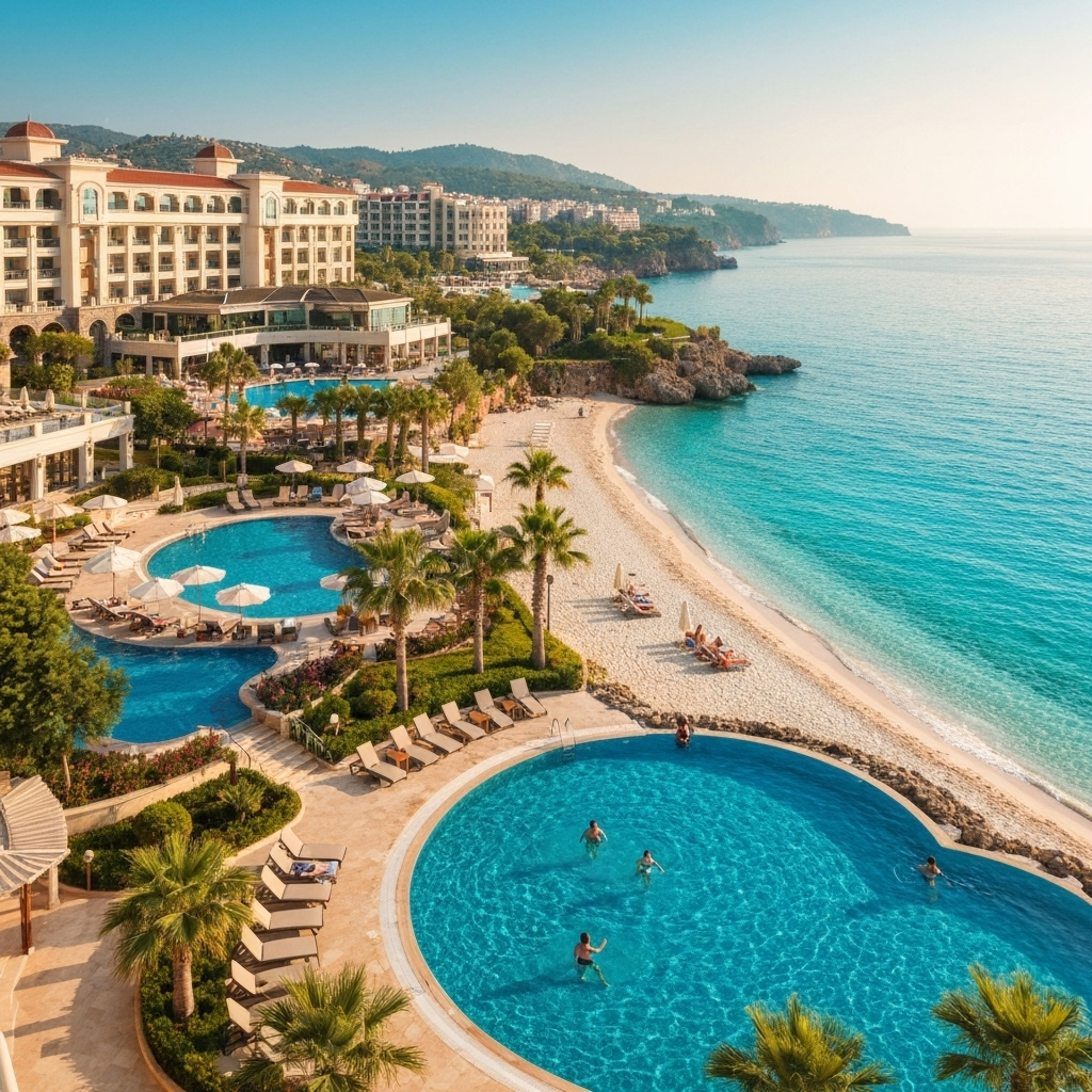 Luxurious resort with swimming pools, palm trees, and sandy beach leading to turquoise sea in Turkey