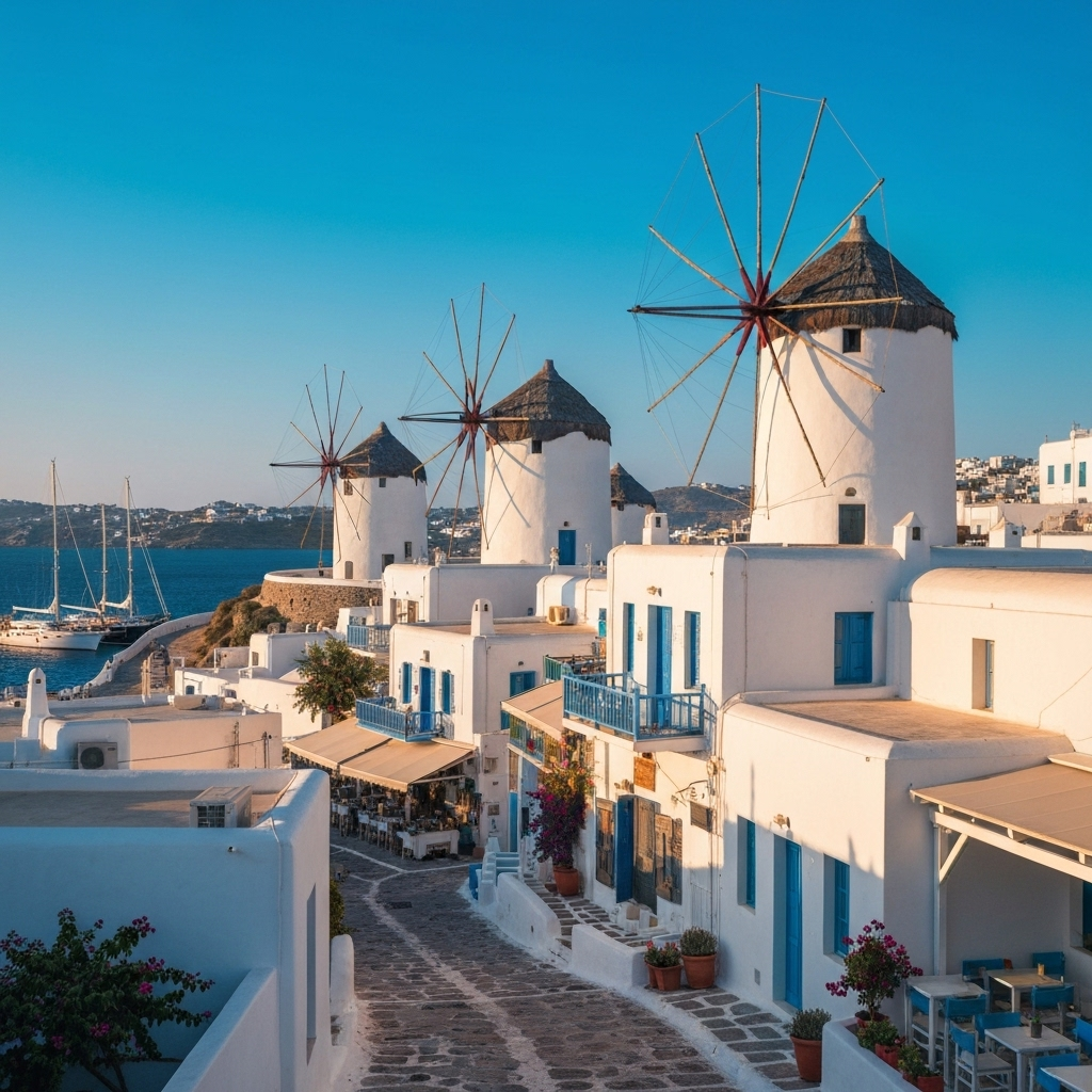 Classic scene of white windmills with red-brown roofs and sails, set against clear blue sky in Mykonos