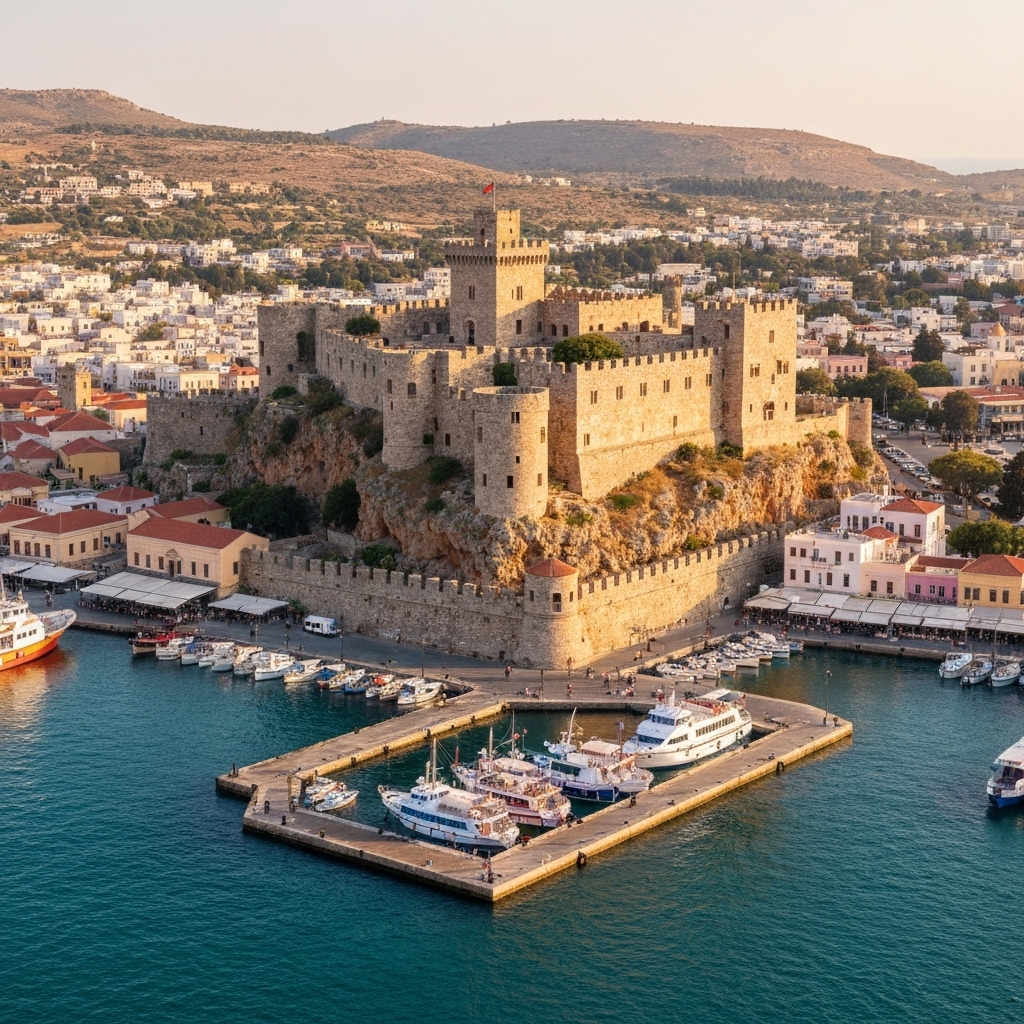 Aerial view of a large medieval stone castle fortress on a hill overlooking a harbor with boats and town