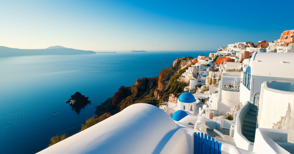 White-washed village with blue-domed churches on a cliff overlooking the sea in Greece